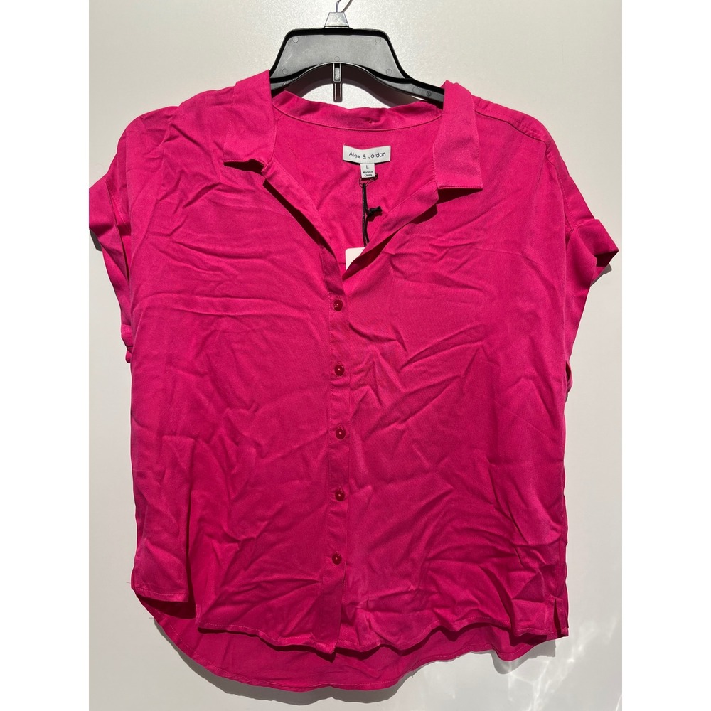 Alex & Jordan Hot Pink Rayon Short Sleeve Button Down Shirt NWT Size L